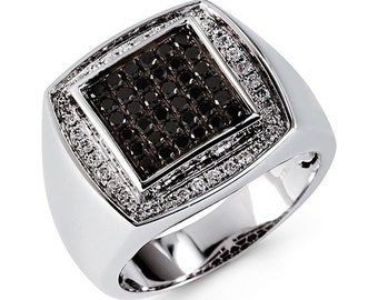 Mens 14k White Gold Black 1.08 Ct Round Diamond Ring