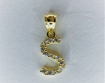 14K Yellow Gold Initial Letter S with White CZ Stones Pendant with Corner bail