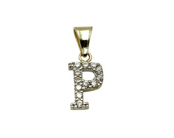 14K Yellow Gold Initial Letter P White Diamond CZ Stone Pendant