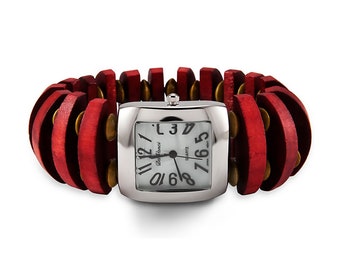Ladies Red Wood Bead Silver Tone Quartz Bracelet Watch