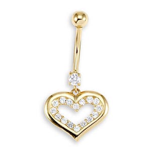 14k Yellow Gold Round CZ Heart 14g Belly Button Ring image 1