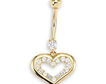 14k Yellow Gold Round CZ Heart 14g Belly Button Ring