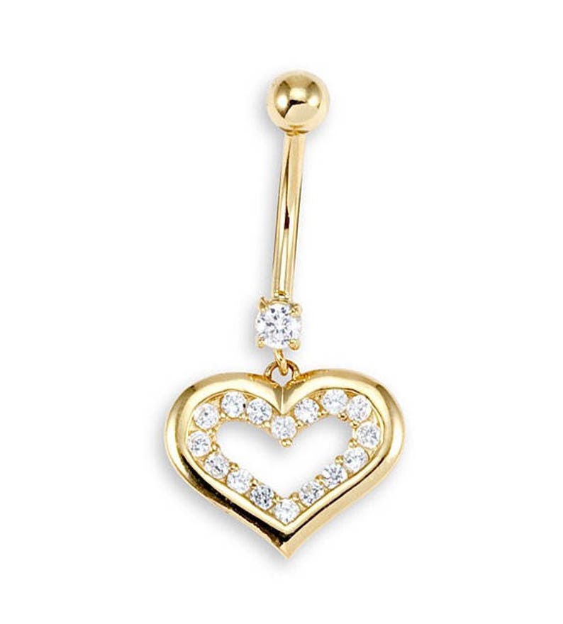 14k Yellow Gold Round CZ Heart 14g Belly Button Ring image 1