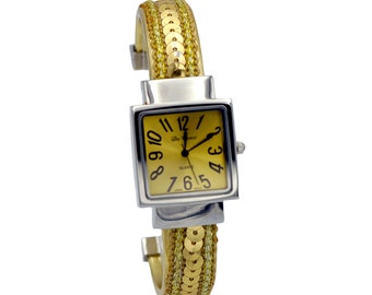 Ladies Silver Tone Gold Sequin Bangle Quartz Watch