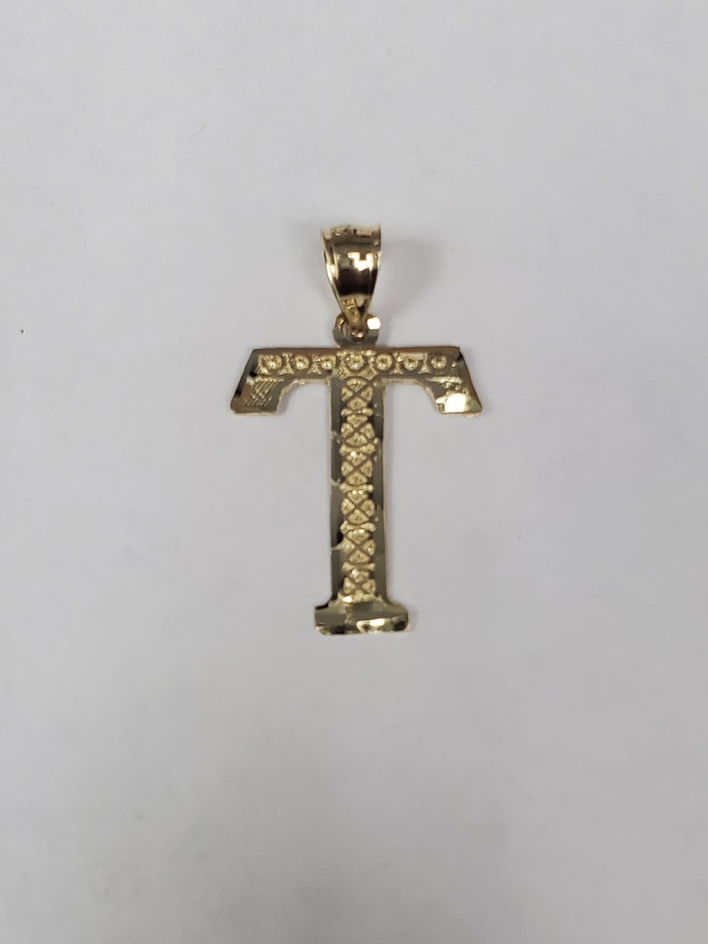 14K Gold Diamond Cut Block Initial Letter T Charm Pendant image 1