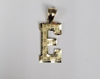 14K Gold Block Initial Diamond Cut Letter E Charm Pendant