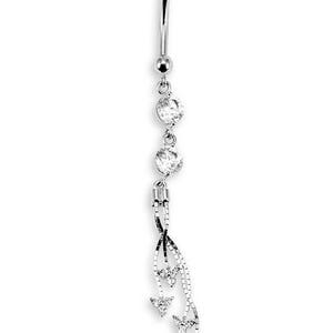 14k White Gold Round CZ Dangle Chain Belly Button Ring image 1