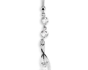 14k White Gold Round CZ Dangle Chain Belly Button Ring