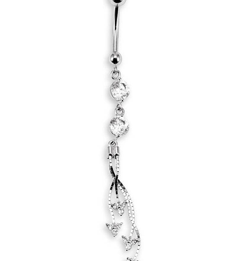 14k White Gold Round CZ Dangle Chain Belly Button Ring image 1