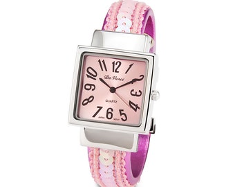 Ladies Silver Tone Pink Sequin Bangle Quartz Watch