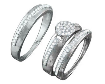 New .925 Sterling Silver Round Pave CZ Diamond Wedding Ring Trio Set