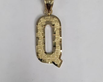 14K Gold Block Initial Diamond Cut Letter Q Charm Pendant