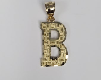 14K Gold Block Initial Diamond Cut Letter B Charm Pendant