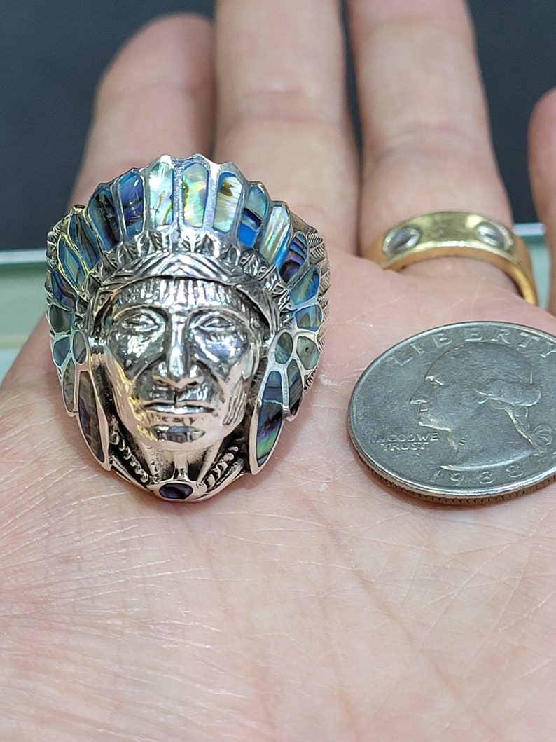 925 Silver Abalone Native American Indian Chief Ring image 6