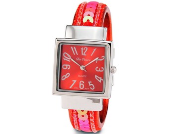 Ladies Silver Tone Red Sequin Bangle Quartz Watch