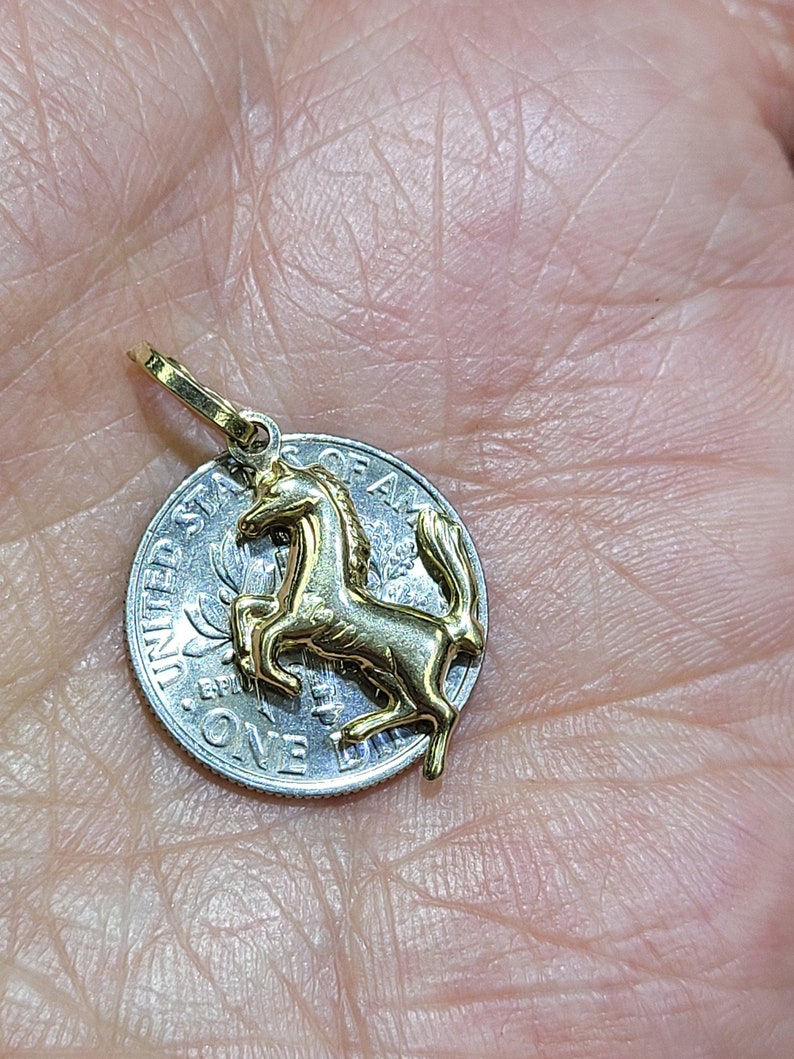 14k Yellow Gold Puffy Small Wild Prancing Horse Stallion Pendant F1 racing image 4