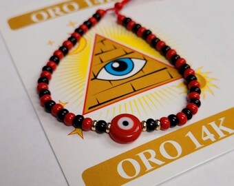 Red and Black Evil Eye Bracelet with Red Flat Eye for Adults with Gold 14K Beads