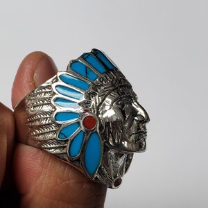 Turquoise & Red Enamel 925 Silver Native American Indian Chief Head Ring image 5