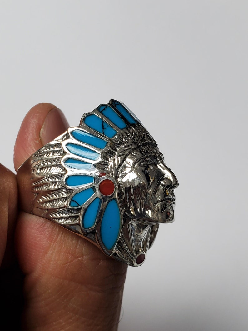 Turquoise & Red Enamel 925 Silver Native American Indian Chief Head Ring image 5