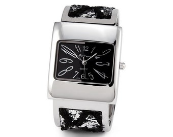 Ladies Black Glitter Silver Tone Quartz Bracelet Watch