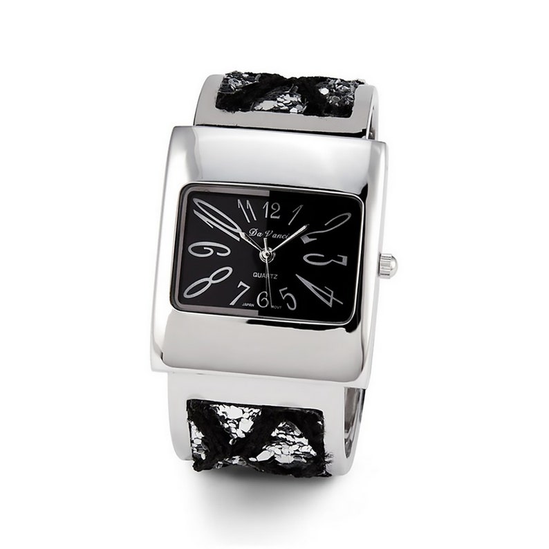 Ladies Black Glitter Silver Tone Quartz Bracelet Watch image 1