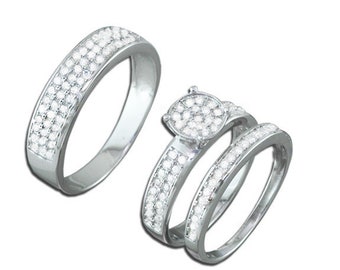 New .925 Sterling Silver CZ Diamond Round Pave Wedding Ring Trio Set