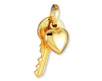 14k Yellow Gold Key Puffy Heart Love Romantic Pendant