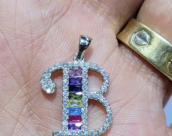 925 Sterling Silver Alphabet Letter B Multicolor and White CZ initial Charm Pendant