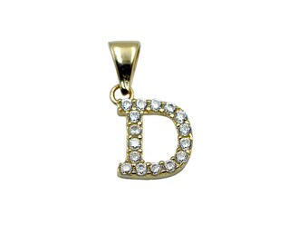 14K Yellow Gold Initial Letter D White Diamond CZ Stone Pendant