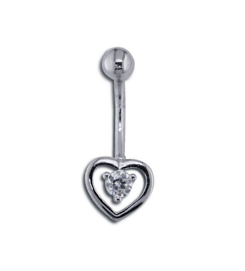 925 Sterling Silver Heart Solitaire CZ Belly Button Ring image 1