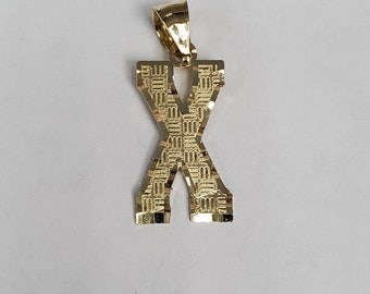 14K Gold Block Initial Diamond Cut Letter X Charm Pendant