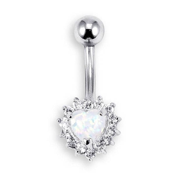 14k White Gold Opal Heart CZ Belly Button Ring