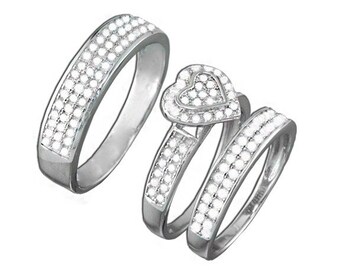 New .925 Sterling Silver CZ Diamond Heart Shaped Pave Wedding Ring Trio Set