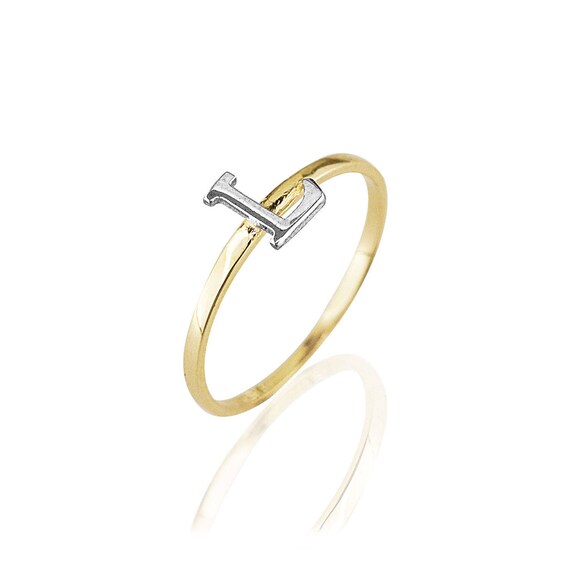 14k Yellow White Two Tone Letter L Initial Name Ladies Ring Etsy
