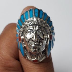 Turquoise & Red Enamel 925 Silver Native American Indian Chief Head Ring image 7