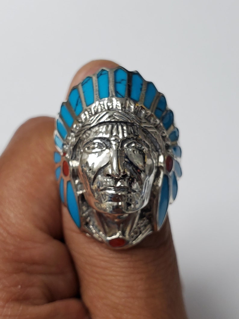 Turquoise & Red Enamel 925 Silver Native American Indian Chief Head Ring image 7