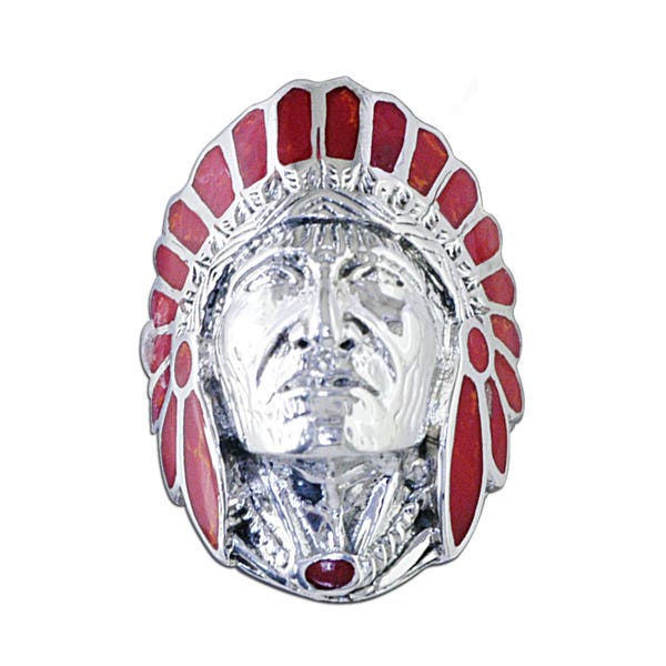 Red Enamel 925 Silver Native American Mens Indian Head Ring