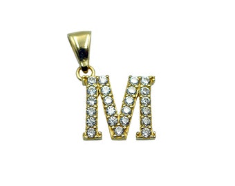 14K Yellow Gold Initial Letter M White Diamond CZ Stone Pendant