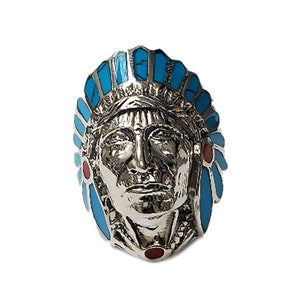 Turquoise & Red Enamel 925 Silver Native American Indian Chief Head Ring image 4
