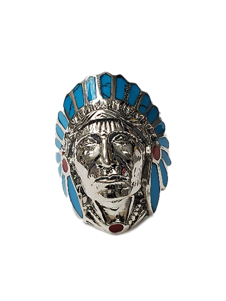 Turquoise & Red Enamel 925 Silver Native American Indian Chief Head Ring image 4