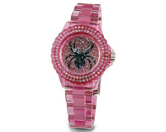 Dames Rose Blanc CZ Pierre Noir Spider Bracelet Montre