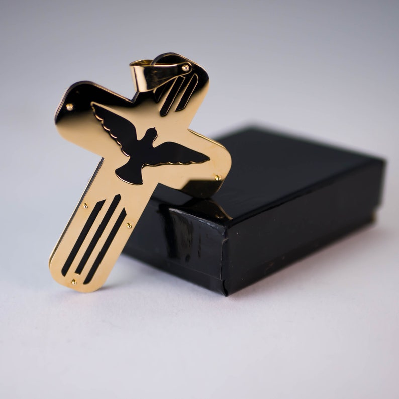 14k Gold Cross Holy Spirit Dove Pendant Charm for Necklace Large 55mm