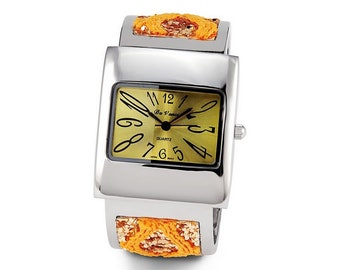 Ladies Yellow Orange Glitter Silver Tone Bracelet Watch