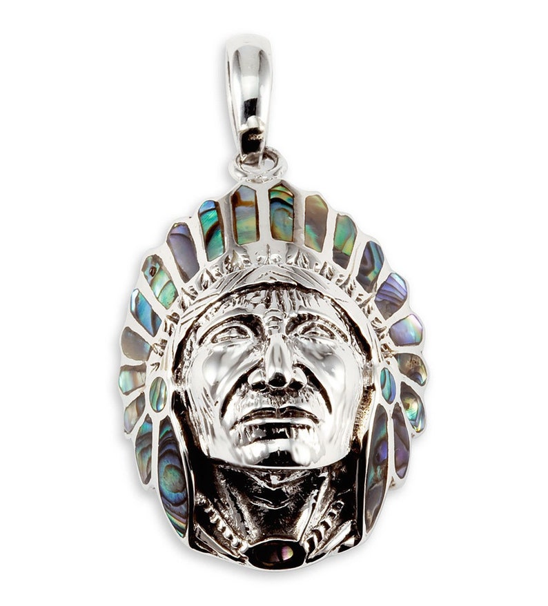925 Silver Abalone Native American Indian Chief Pendant image 1