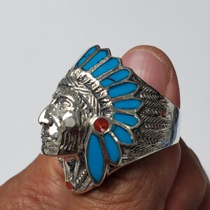 Turquoise & Red Enamel 925 Silver Native American Indian Chief Head Ring image 6