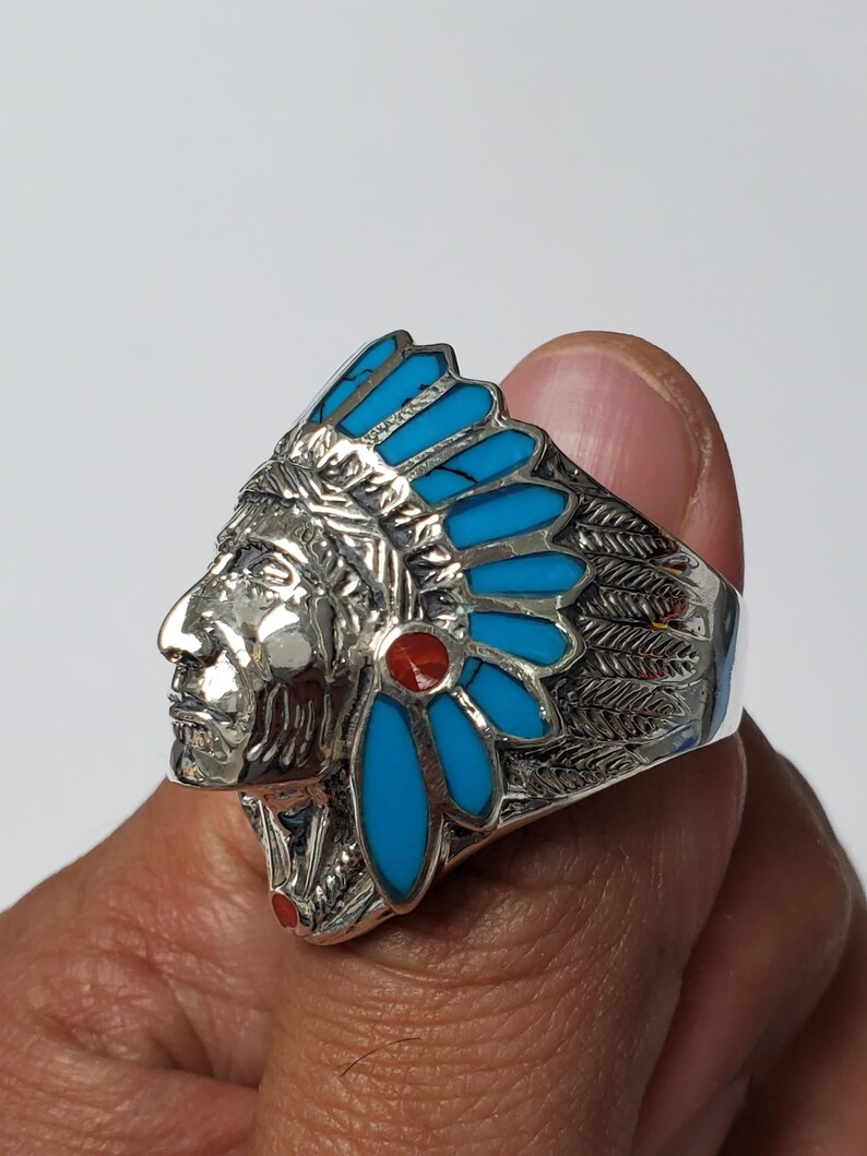Turquoise & Red Enamel 925 Silver Native American Indian Chief Head Ring image 6