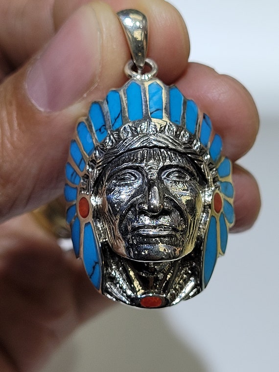 925 Silver American Indian Head Turquoise Onyx Pendant 