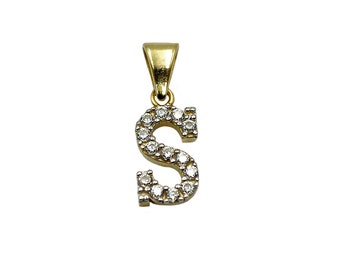 14K Yellow Gold Initial Letter S White Diamond CZ Stone Pendant