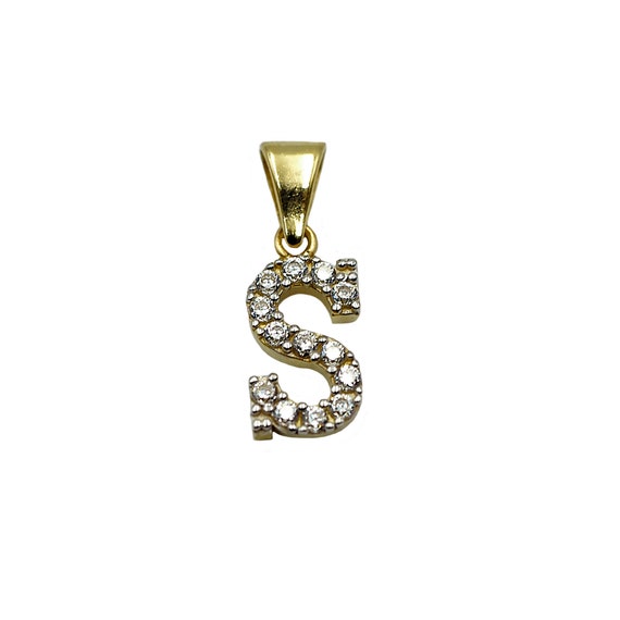 14K Yellow Gold Initial Letter S White Diamond CZ Stone Pendant