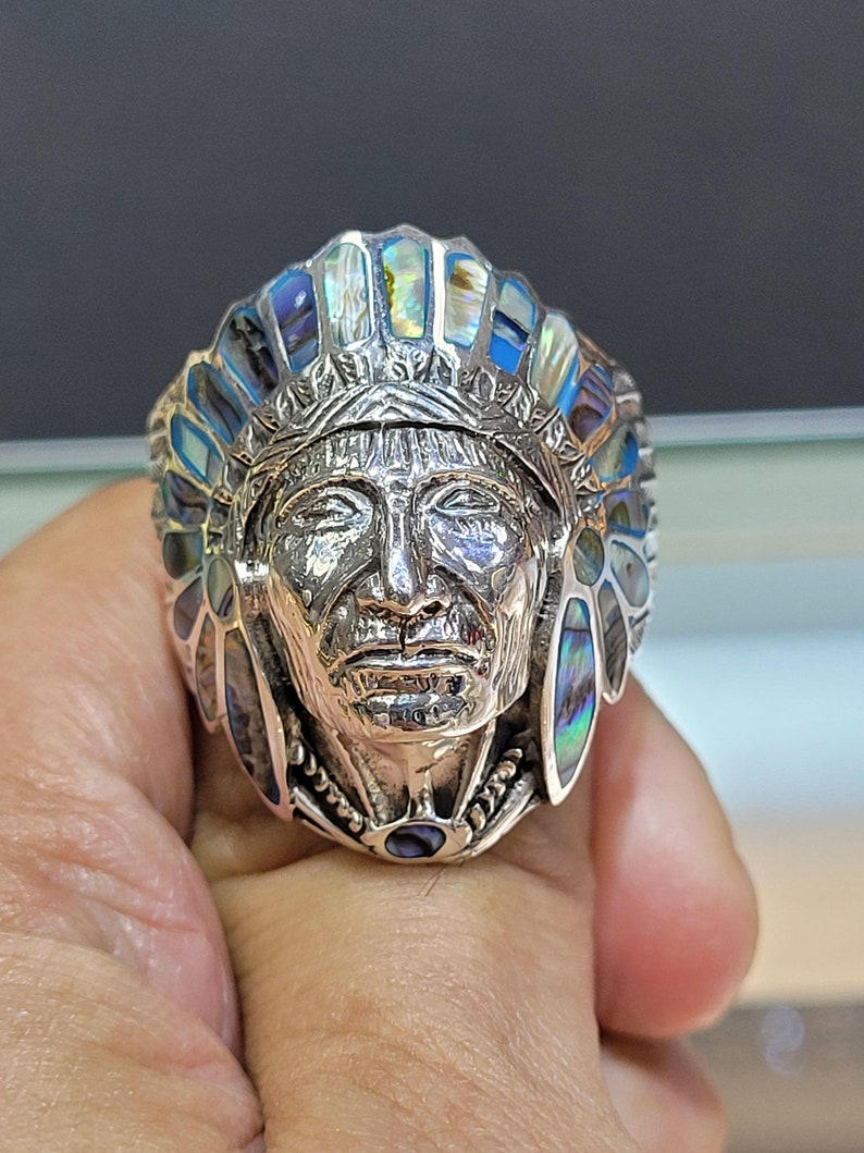925 Silver Abalone Native American Indian Chief Ring image 2